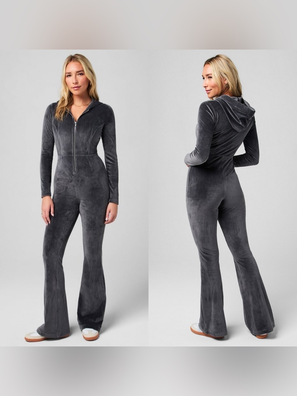 Fabletics Midnight Gray Plush Rib Hooded Jumpsuit M